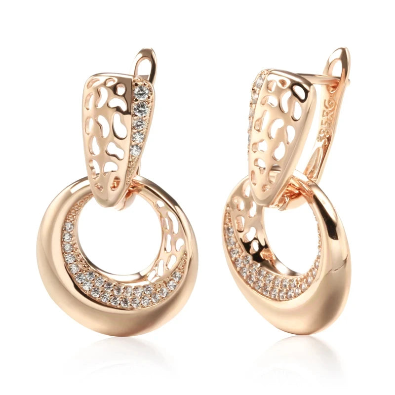 Wbmqda Luxury Circle Hollow Drop Earrings For Women 585 Rose Gold Color With White Natural Zircon Fine Daily Party Jewelry