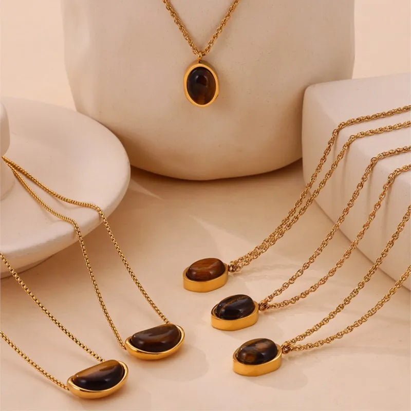 Tiger Eye Stone Pendant Necklace For Women Stainless Steel 18K Gold Plated Waterproof Women's Necklaces Girls Neck Chain Choker