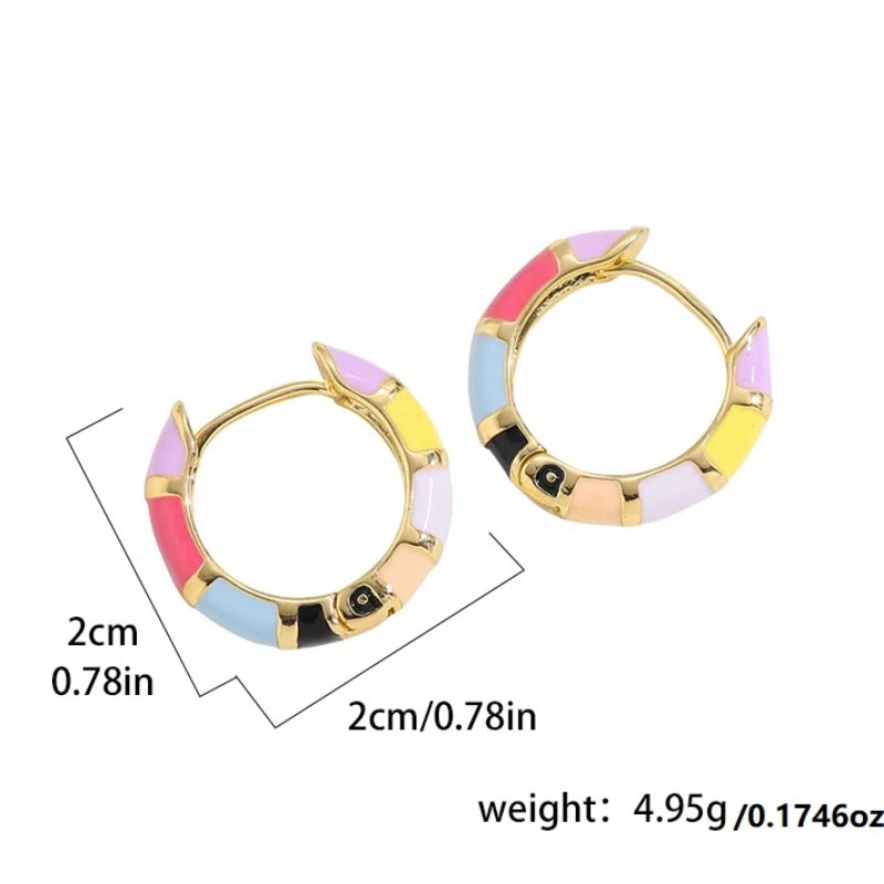 Cute Enamel Colorful Block Huggies Earrings for Women Rainbow Color Gold Plated Round Circle Ear Buckles Tiny Piercing Earrings