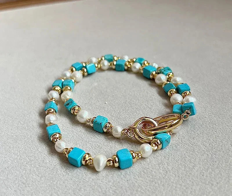 Natural Turquoise Freshwater Pearl Necklace Bracelet Copper Plated 14K Gold Accessories