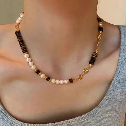 Tiger eye stone real pearl beaded necklace stainless steel necklaces for women  minimalist elegant vintage winter Maillard style