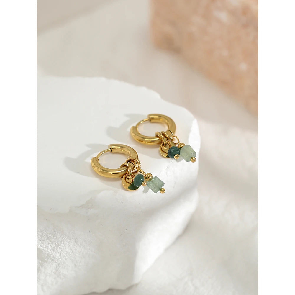 Gold Plated Stainless Steel Hoop Earrings for Women Vintage Green Natural Stone Charms Trendy Waterproof Jewelry