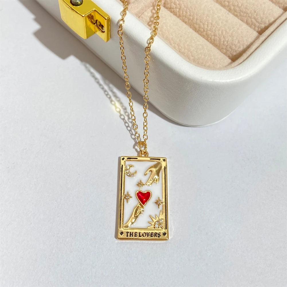 Fashion Stainless Steel Pendant Necklace Lovers Tarot Card Square Red Love Pendant Necklace Woman