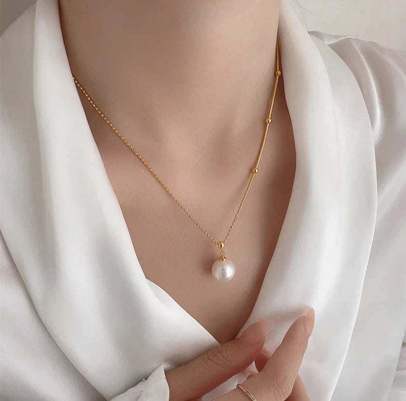 New Stainless steel Bead Chain Splicing Pearl Pendant Necklace For Womens Fashion Accessories Jewelry