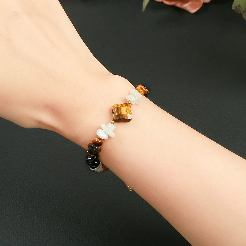 Natural Yellow Tiger Eye Stone Black Obsidian Moonstone Chip Bead Four-Leaf Clover Lucky Bracelet Women Reiki Healing Bangles