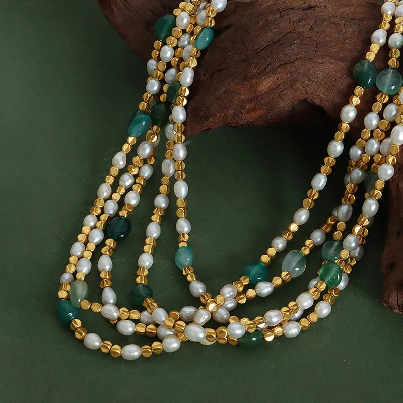 Natural Freshwater Pearl Necklace Green Natural Stone Jewelry Accessories Gold Plated Beaded Chain Girl Gift