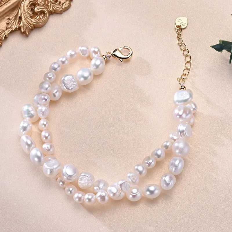 Freshwater 5-6mm 8-9mm White Pearl Double Baroque Bracelet 925 Sterling Silver Fine Jewelry Gifts for Women Girls