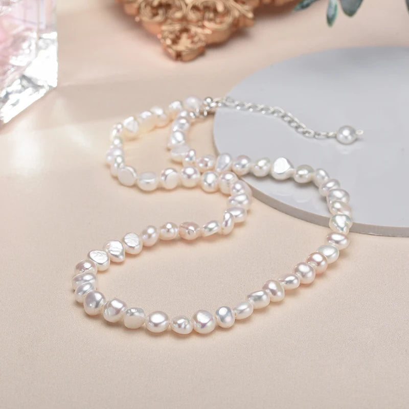 5-6mm Natural Baroque Freshwater Pearl Necklace Fashion Jewelry ,925 Sterling Silver Choker Necklace for Women Girls