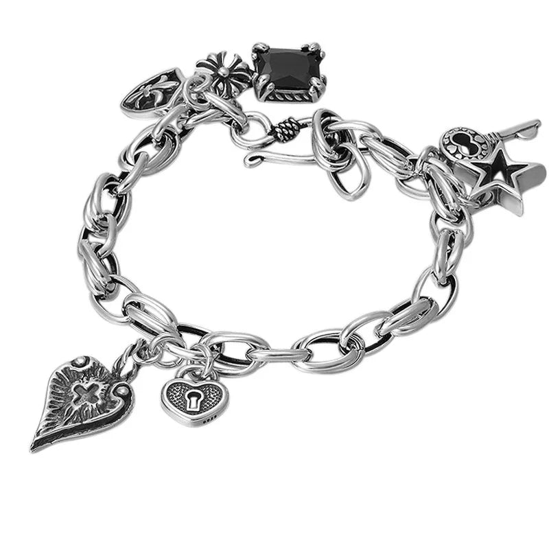 Romantic Love Heart Black Crystal Retro Thai Silver Female Charm Bracelet Jewelry For Women Birthday Gifts No Fade