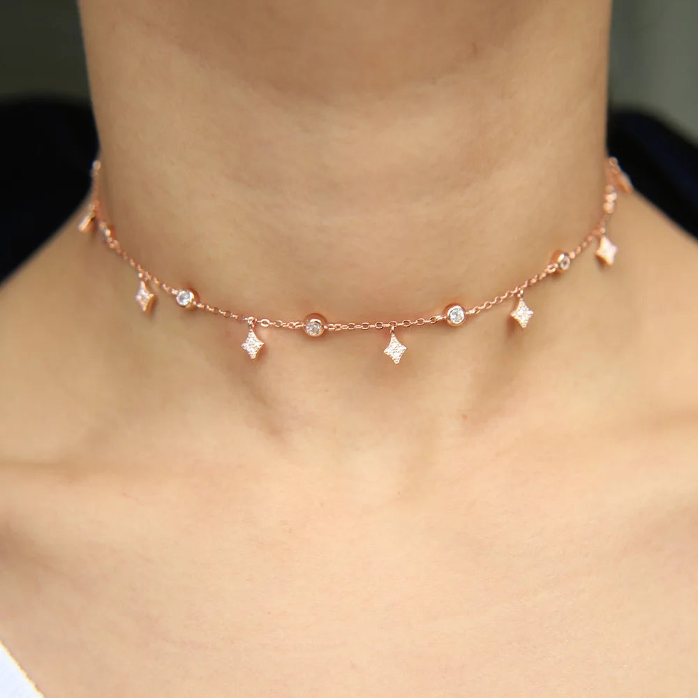 925 Sterling Silver Crystal Gold Rose Gold Silver Color Dangle Star  Drop Choker Necklaces Jewellery For Women