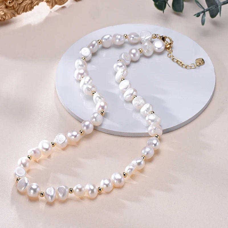 Natural Freshwater Pearls Baroque Shape Necklace Golden Small Bead S925 Sterling Silver Chain Fashion Jewelry Gifts for Women