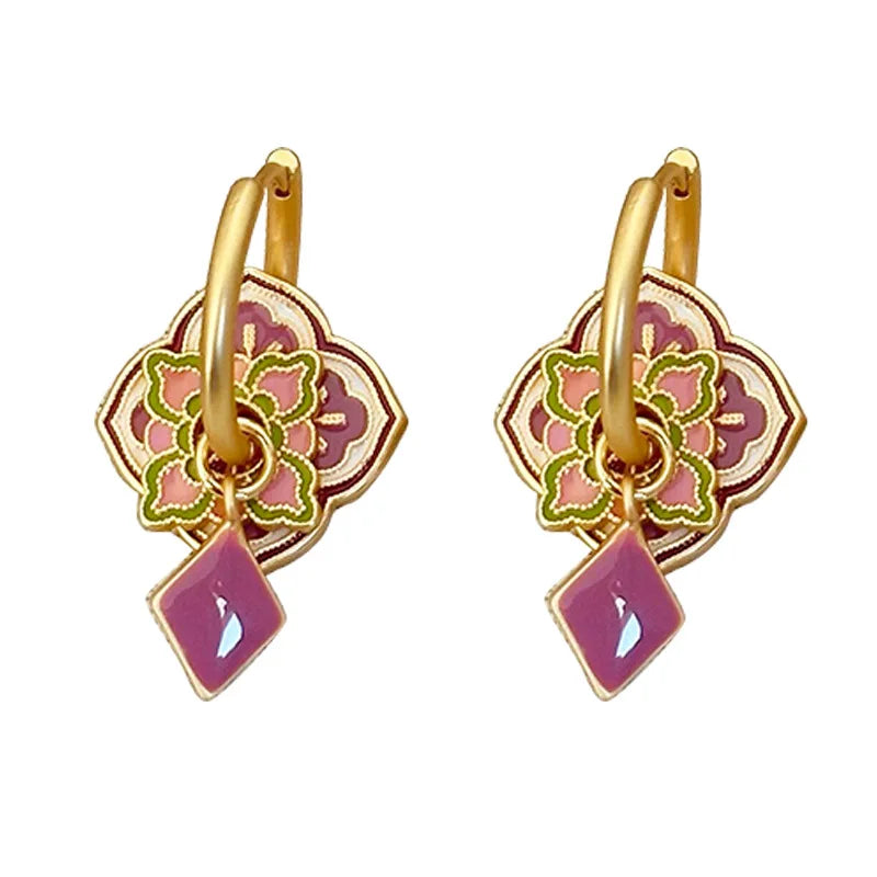 Fashion Jewelry Vintage Temperament Purple Enmale Pattern Drop Earrings For Girl Female Gifts Fine Ear Accessories