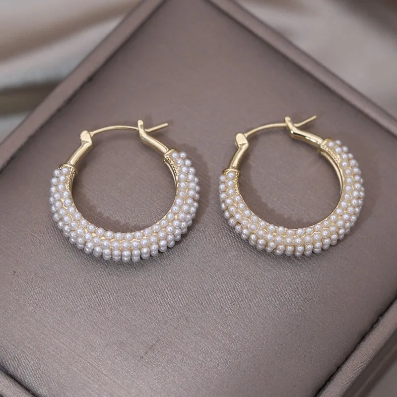 New Design Fashion Jewelry Handmade Pearl Round hoop Earrings Elegant Women's Daily Work Accessories