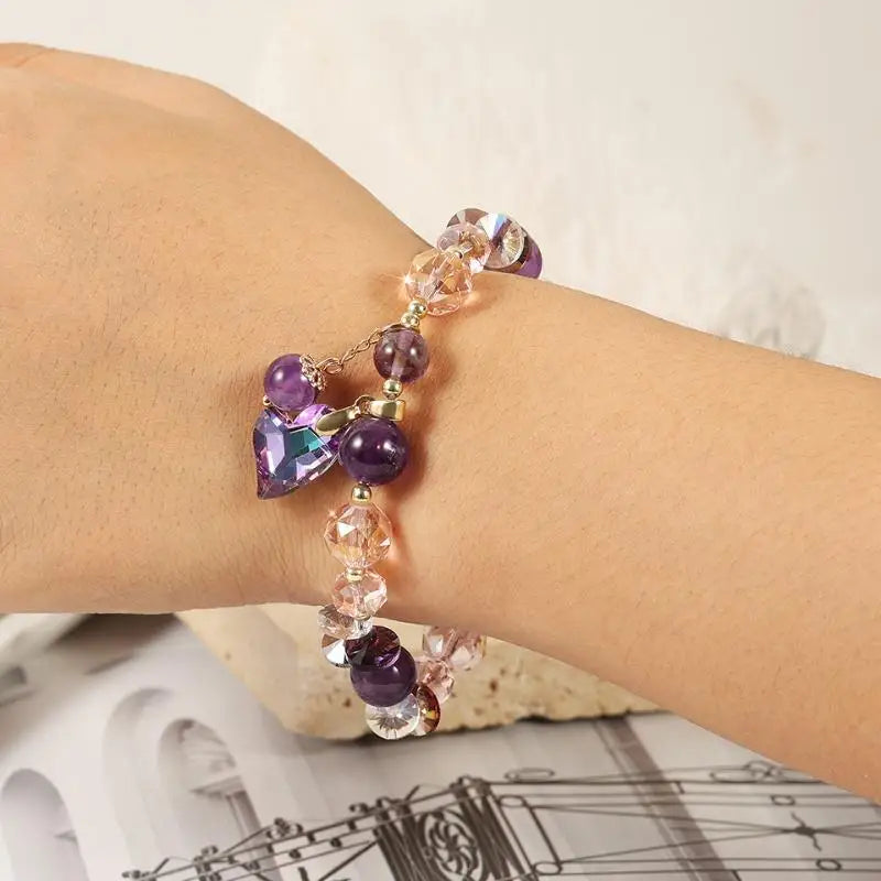 Natural Amethyst Beaded Flower Bracelet For WomenLuminous Zircon Pendant Retro Elegant Blessing Card Gift Woven Jewelry