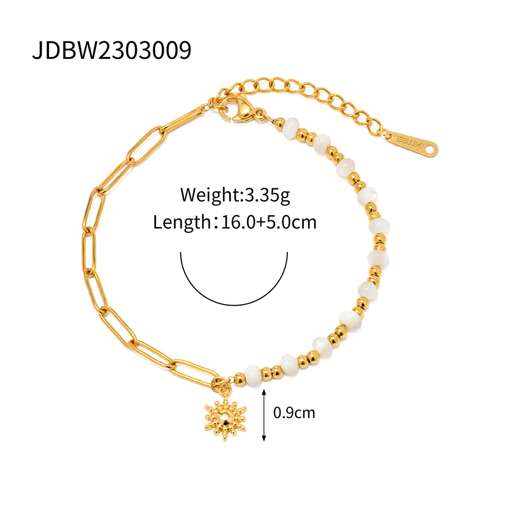 Stainless Steel Paperclip Chain Spliced Shell Beads Sun Pendant Bracelet Charm Jewelry for Women