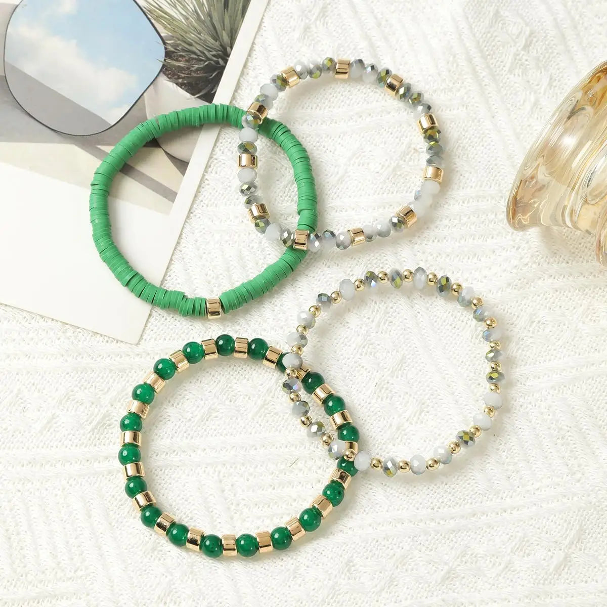 4pcs/Set Stackable Beaded Bracelets for Women 14K Gold Plated Stretch Link Bead Ball Bracelet Set Jewelry for Women