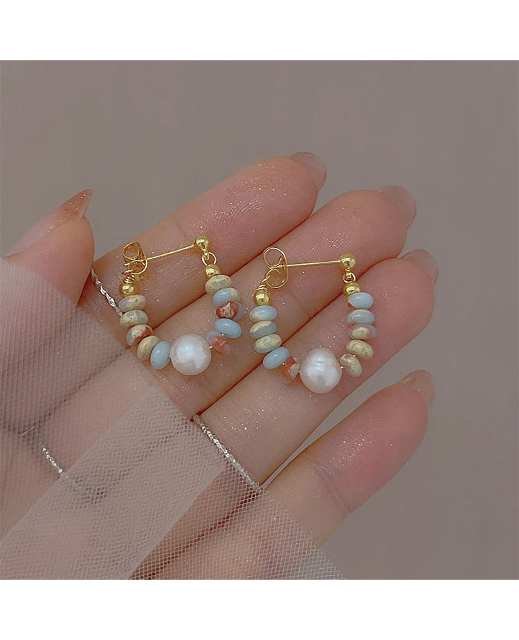 Vacation style Design Natural Stone Beaded Pearl Pendant Earrings