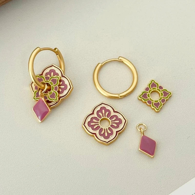 Fashion Jewelry Vintage Temperament Purple Enmale Pattern Drop Earrings For Girl Female Gifts Fine Ear Accessories