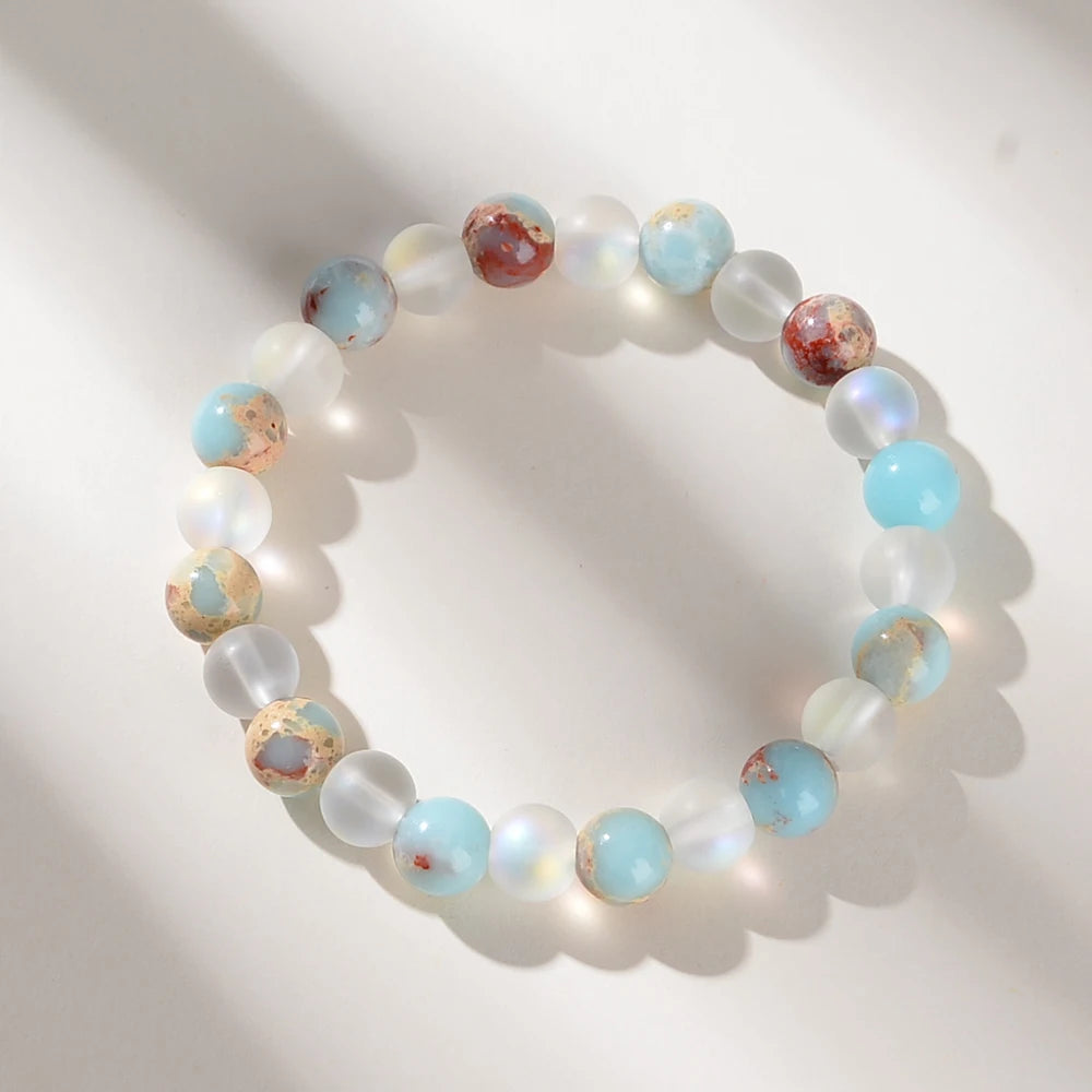 1 Piece Aura Quartz and Ocean Sediment Beaded Bracelet - Unisex - Homeopathic Crystal Jewelry - Brings Abundance - Prosperity