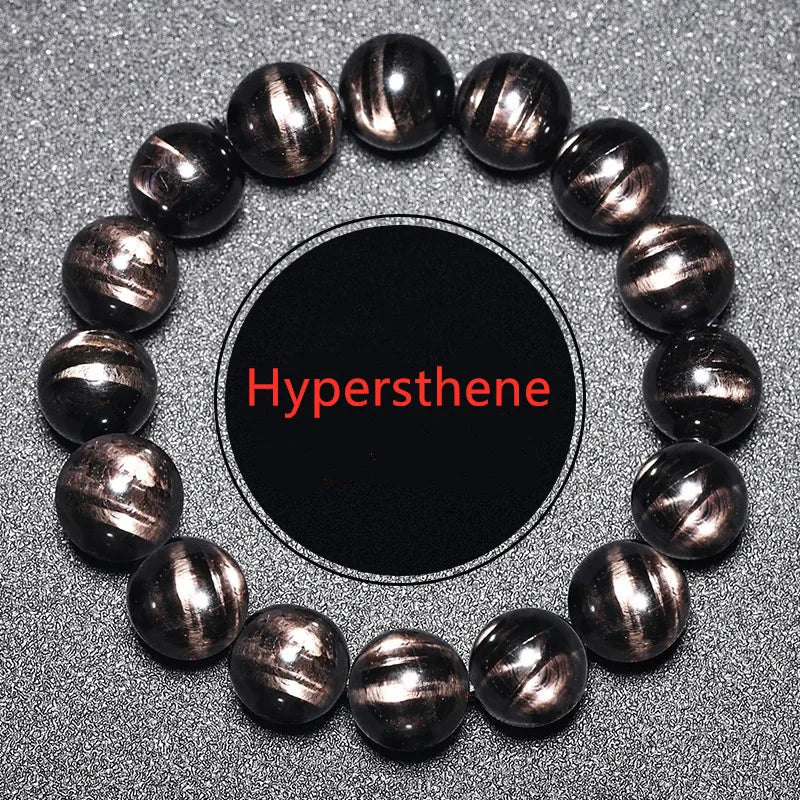 Genuine Natural Hypersthene Black Flash Egypt Women Men Bracelet Gold Lucky Hypersthene Round Beads  AAAAA