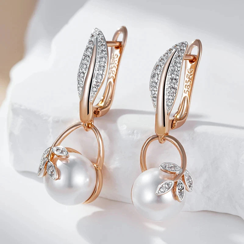 Luxury Pearl Women's Long Drop Earrings  Rose Gold Silver Color Ethnic Wedding Party Fine Zircon Jewelry Accessories