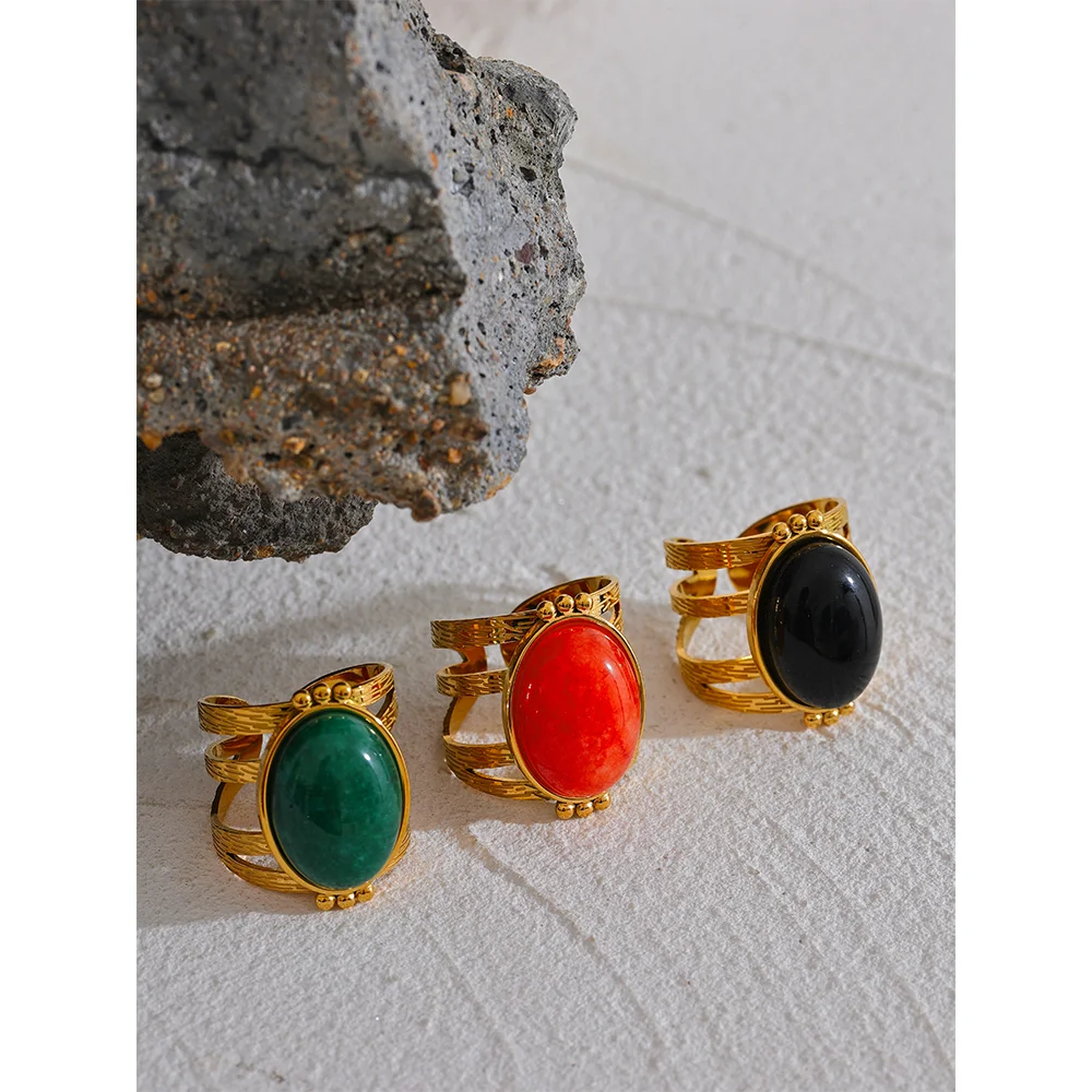 Red Black Green Stone Stainless Steel Open Adjustable Popular Fashion Ring Gold Plated Waterproof Women Jewelry Gala Gift