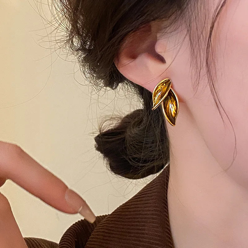 Maillard Brown Color Leaf Geometry Stud Earrings for Women  Simple Texture Fashion Cute Girl Jewelry Accessories