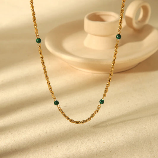 Stylish 16K Gold Plated Stainless Steel Synthesis Malachite Beads Necklaces Waterproof  Twist Chain Collar Necklace For Women