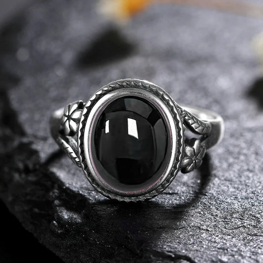 925 Sterling Silver Natural Tiger's Eye  Ring for Women Gift Flower Shaped Black Agate Ring Fashion Jewelry