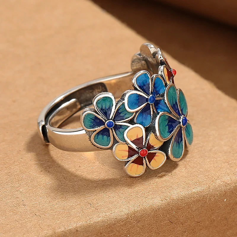 New Cloisonné Enamel Flowery Ring for Women with Atmospheric Retro Ethnic Style Opening Adjustable Creative Index Finger