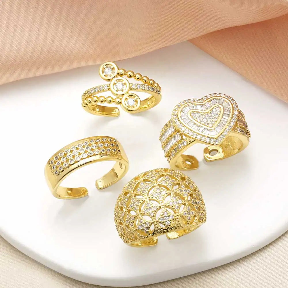 Trendy White Crystal Heart Statement Rings for Women Copper Gold Plated Star Open Ring Women Jewelry Gift