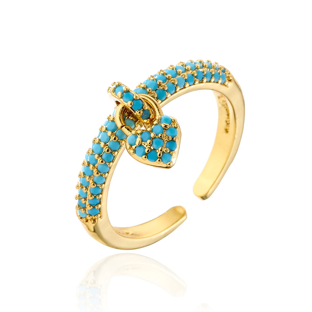 Fashion Colourful Cubic Zirconia Pave Setting Wedding Jewelry Trendy Gold Color Heart Charm Finger Ring For Women