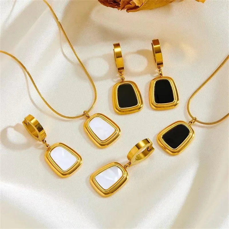 Stainless Steel Geometric Black White Necklace Earrings Set For Women Fashion Waterproof Jewelry Lady Gift Party