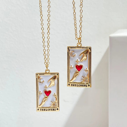 Fashion Stainless Steel Pendant Necklace Lovers Tarot Card Square Red Love Pendant Necklace Woman