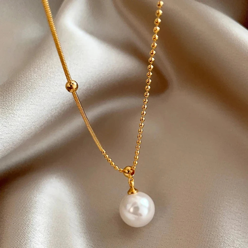 New Stainless steel Bead Chain Splicing Pearl Pendant Necklace For Womens Fashion Accessories Jewelry