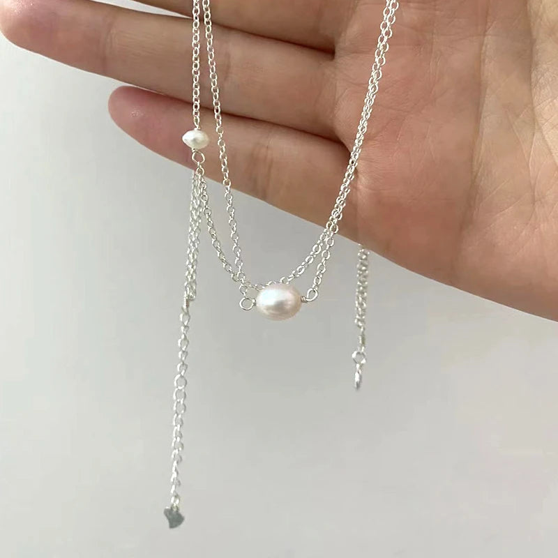 Natural Freshwater Pearl Double Necklace 925 Sterling Silver Chain for Women Female Pearl Choker Fashion Jewelry