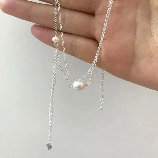 Natural Freshwater Pearl Double Necklace 925 Sterling Silver Chain for Women Female Pearl Choker Fashion Jewelry