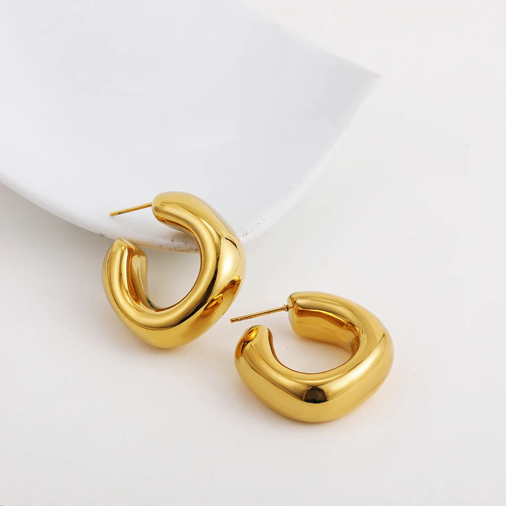 Fashion Round Circle Chunky Hoop Earrings for Women 14k Gold Plated Thick C Shape Ear Hoops Lightweight stainless steel Jewelry