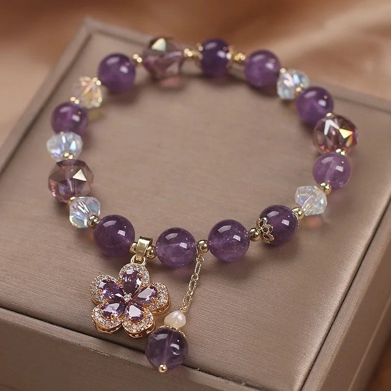 New Purple Crystal Beaded Bracelets For Women Shiny Zircon Flower Water Drop Charm