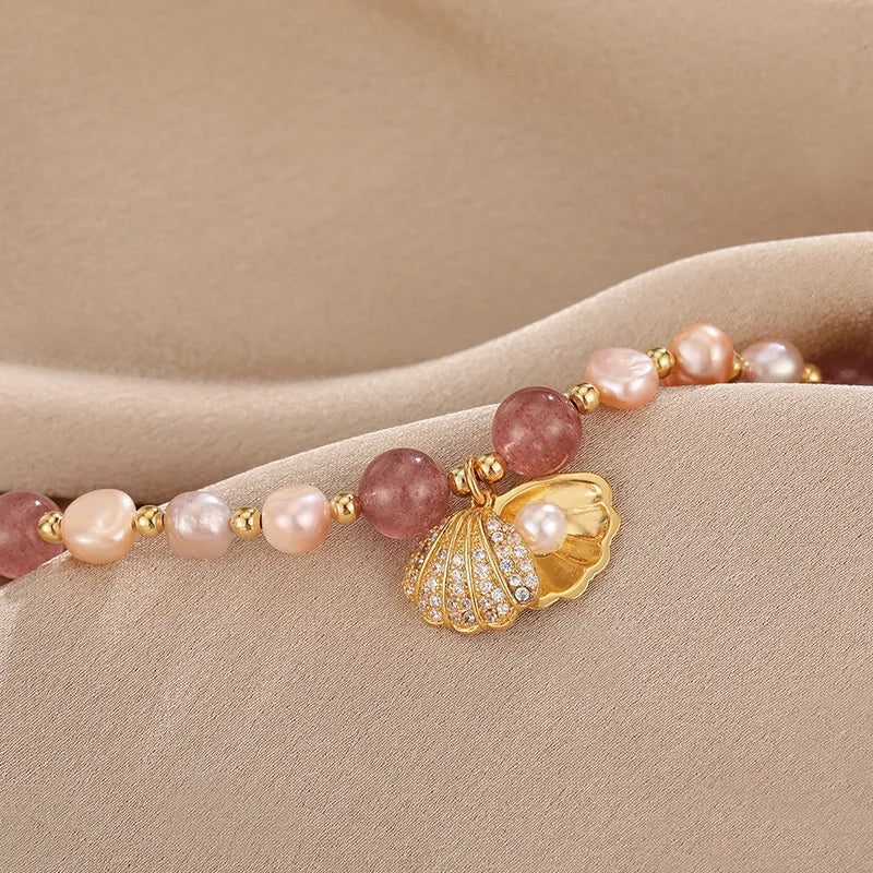 100% Pink Freshwater Pearl & Strawberry Quartz Trendy Shell Design 14K Gold Filled Female Charm Bracelets For Women Gifts