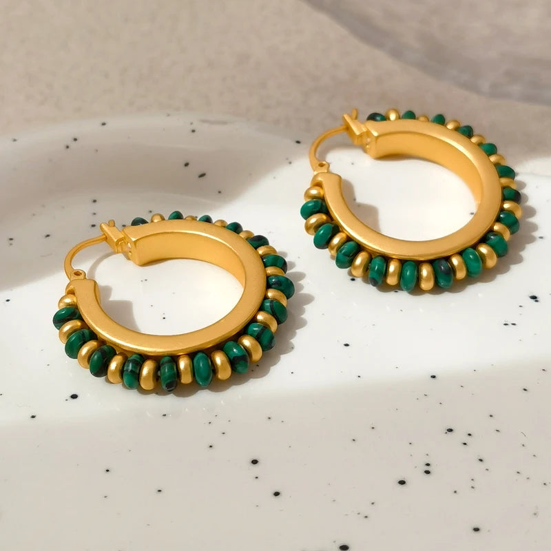 Retro Jewelry Green Stones Earrings Hot Sale Luxury Design High Quality Brass Metal Gold Color Hoop Earrings