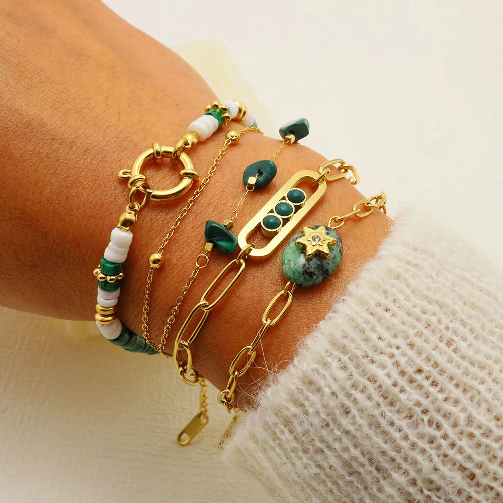 Boho Vintage Green Natural Stone Bracelets for Women Stainless Steel Trendy Charms Aesthetic Jewelry Set