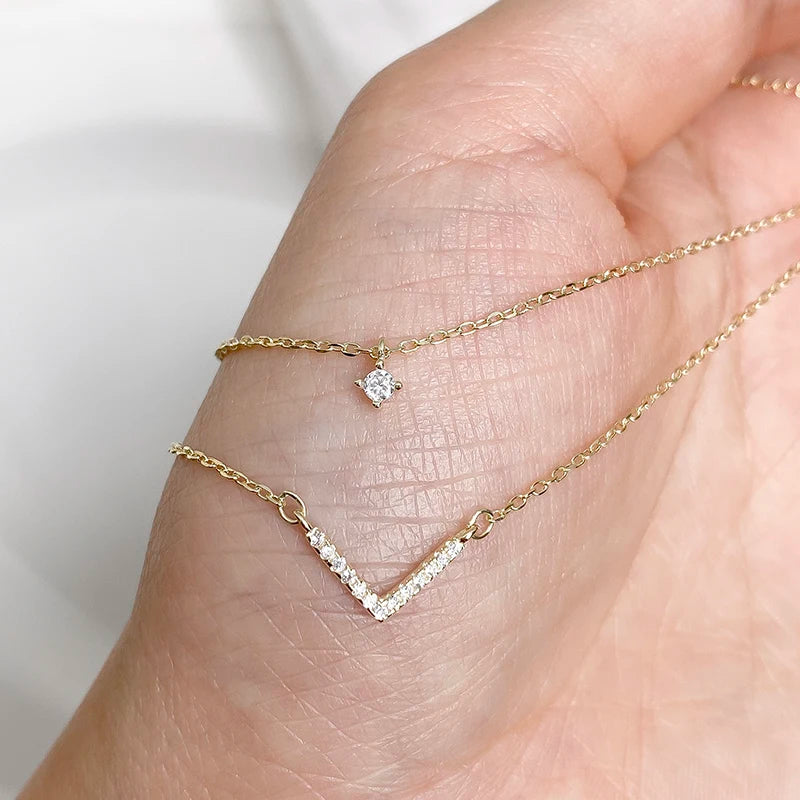 New 925 Sterling Silver Double Layer V Necklace Shiny Zircon Geometric Simple Clavicle Chain Women Fashion Jewelry Party Gift