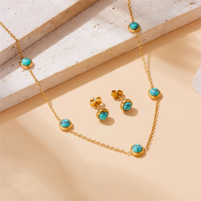 Stainless Steel Turquoise Simplicity Golden Necklace Earrings trendy necklaces