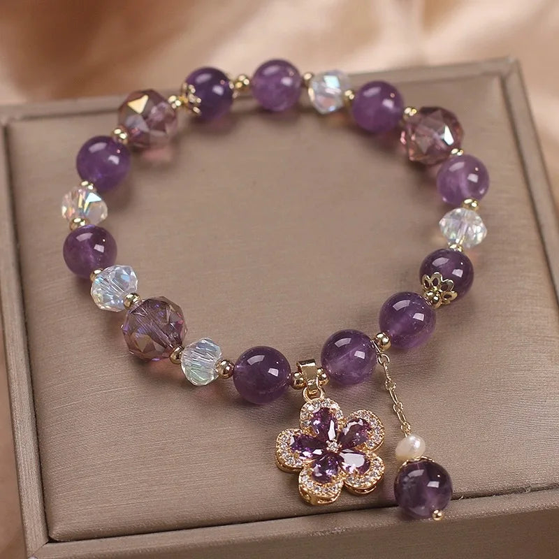 New Purple Crystal Beaded Bracelets For Women Shiny Zircon Flower Water Drop Charm