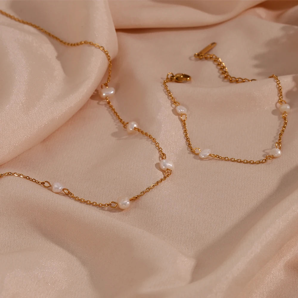 Stainless Steel Chain Freshwater Pearl Chain Necklace Bracelets For Women Gold Plated Jewelry Set