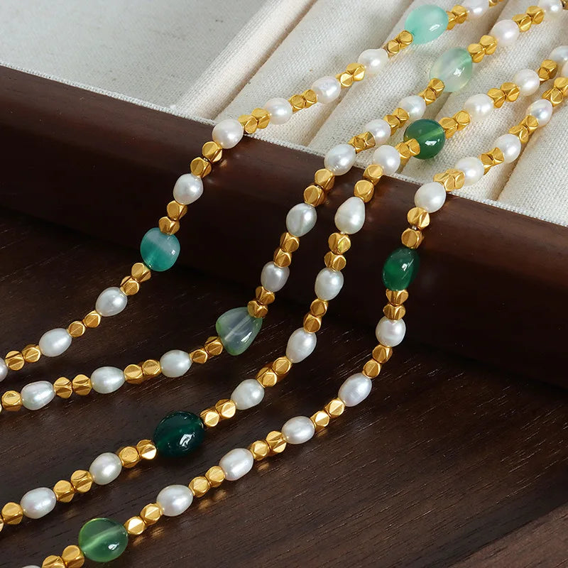 Natural Freshwater Pearl Necklace Green Natural Stone Jewelry Accessories Gold Plated Beaded Chain Girl Gift