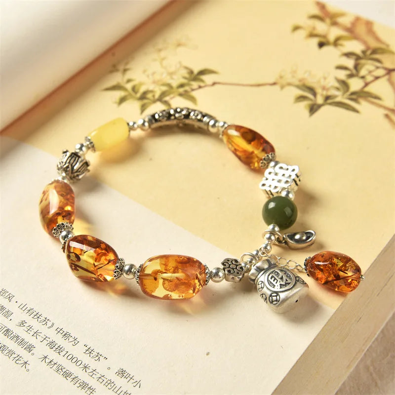 Vintage Women's Natural Piebald Amber Bracelet Amber S925 Sterling Silver Thai Silver Elbow Lucky Bag DIY Design Bracelet