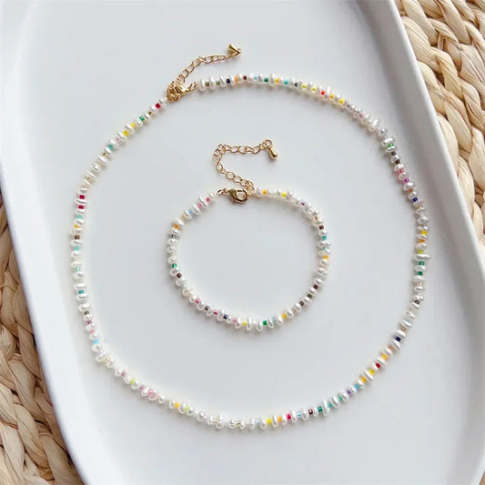 Natural Pearl Jewelry Sets for Women Y2K Accessories Boho Colorful Dainty Bracelets Necklaces