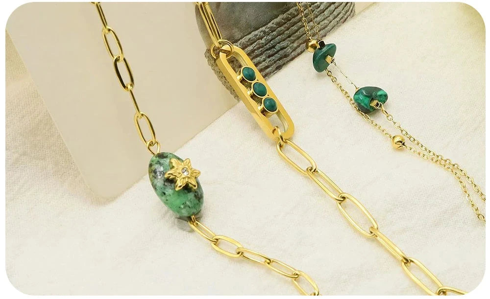 Boho Vintage Green Natural Stone Bracelets for Women Stainless Steel Trendy Charms Aesthetic Jewelry Set